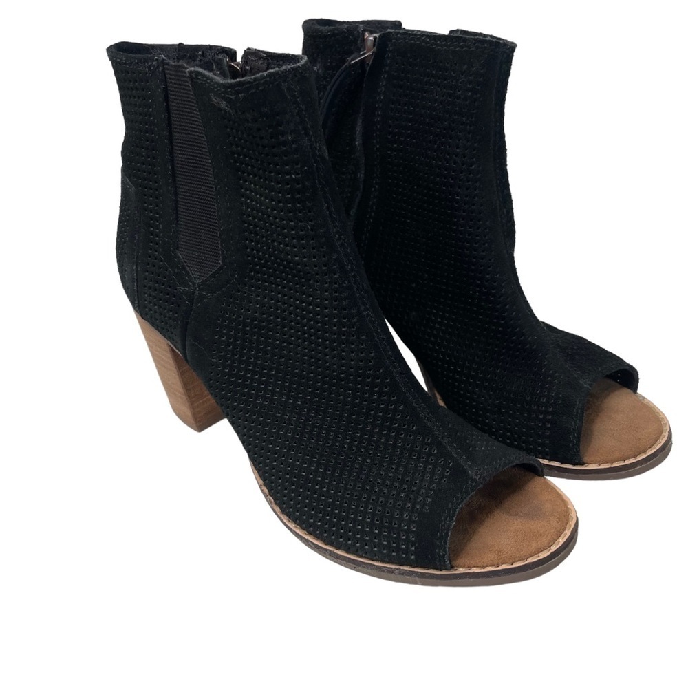 Toms Black Suede Peep Toe Booties Perforated Heeled Ankle Zip Women 8
